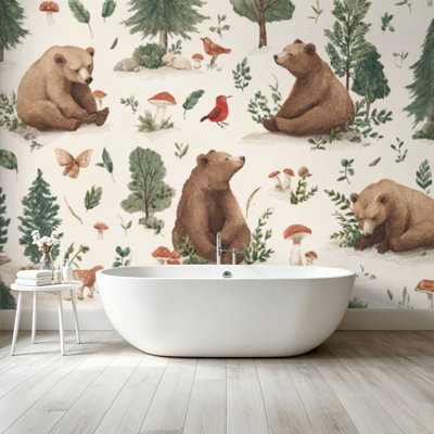Papier peint adhésif pelez et collez, aquarelle de forêt sans soudure, animaux de la forêt, art mural brun, auto-adhésif et amovible