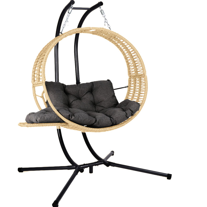 Fauteuil double suspendu pour 2 personnes avec support pour harmonie extérieure, fauteuil pivotant, canapé convertible semi-incliné, coussin toutes saisons, structure robuste de 700 lb, support gris et jaune, réglable