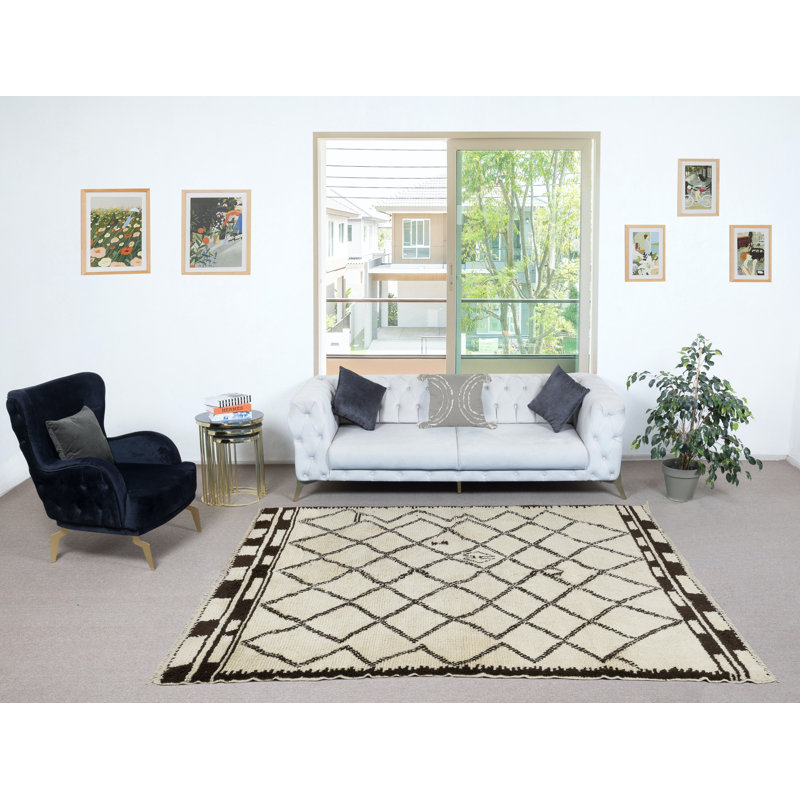 Tapis marocain en laine naturelle non teinte, motif tulu à motif de losanges