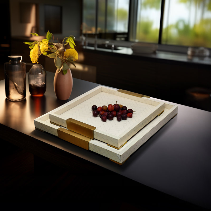 Ocea Elegant 16 and 20-inch Carley Resin Trays Natural Wood and Aluminum Accents, Set of 2 - 20" x 20"