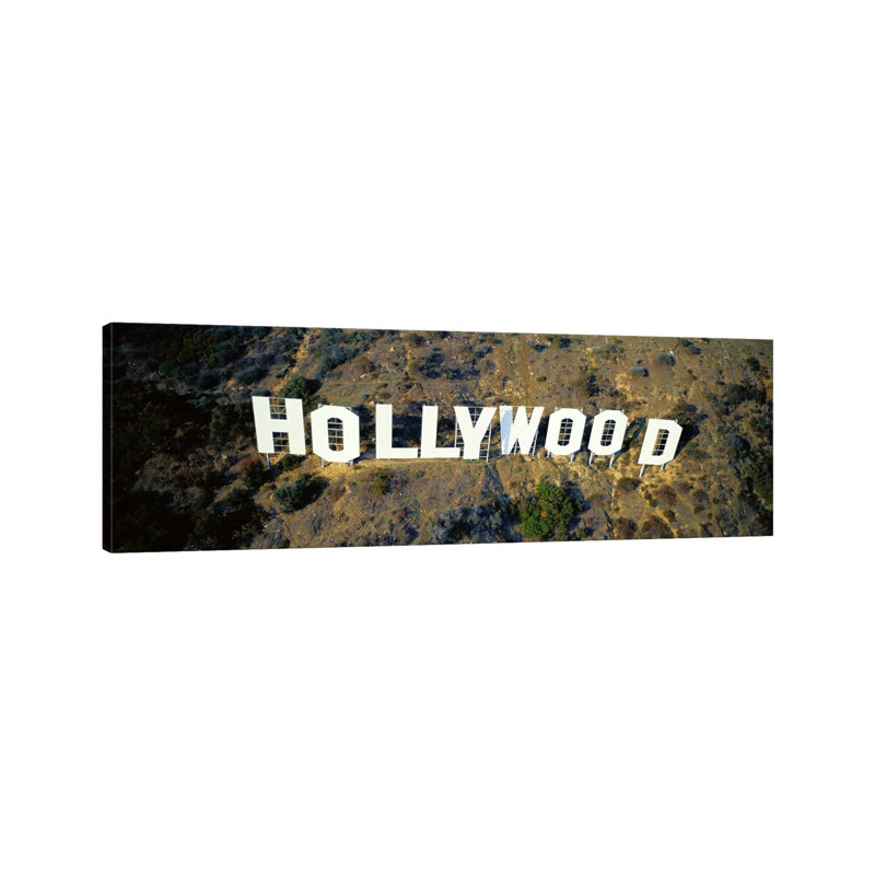 USA, California, Los Angeles, Aerial View Of Hollywood Sign At Hollywood Hills - Wrapped Canvas Panoramic Print