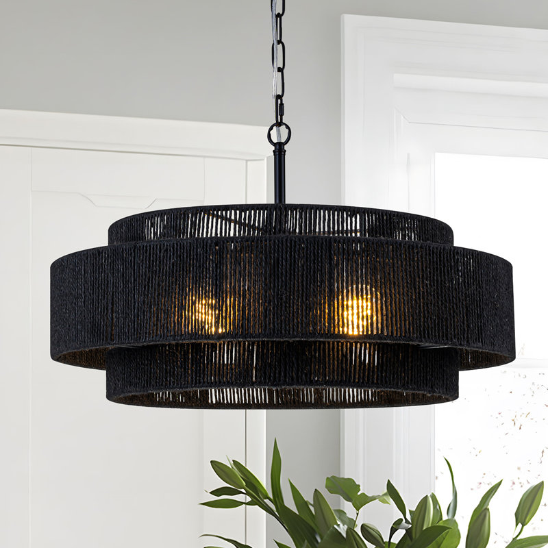 Lustre en corde de chanvre tissé à la main 4 lumières Luebbert, Noir