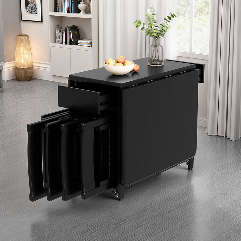 Space Saving Retro Folding Table with Wheels, 1.3m & 1.5m Black Finish, Multifunctional Storage Desk for Kitchen, Lounge, Apartment,No Assembly Required.(Without Chairs) Warehouse – Dispatched Within 2 Days