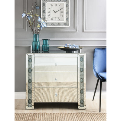 Table d'appoint en miroir et imitation agate, 3 tiroirs, finition biseautée, piètement traîneau, verre transparent