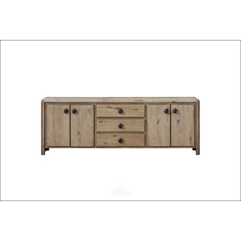 Console anglaise en chêne noueux avec incrustations papillon et gestion des câbles intégrée, parfaite pour les salons modernes.