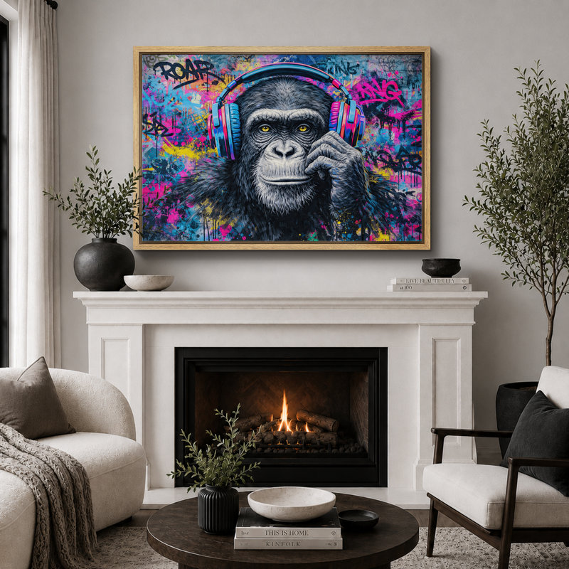 Chimpanzé, casque d'écoute, graffiti, Cadre naturel, H 16 po x l 24 po x P 1,5 po