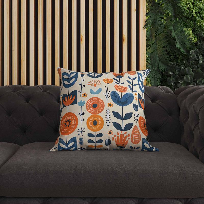 Coussin intérieur / extérieur Baltic Blossoms, Bleu / beige / orange, Carré 26 po