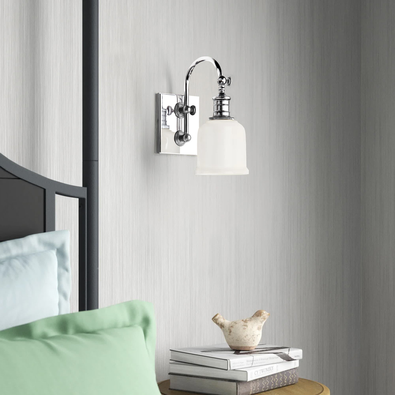 Single Light Glass Dimmable Armed Sconce, Polished Chrome