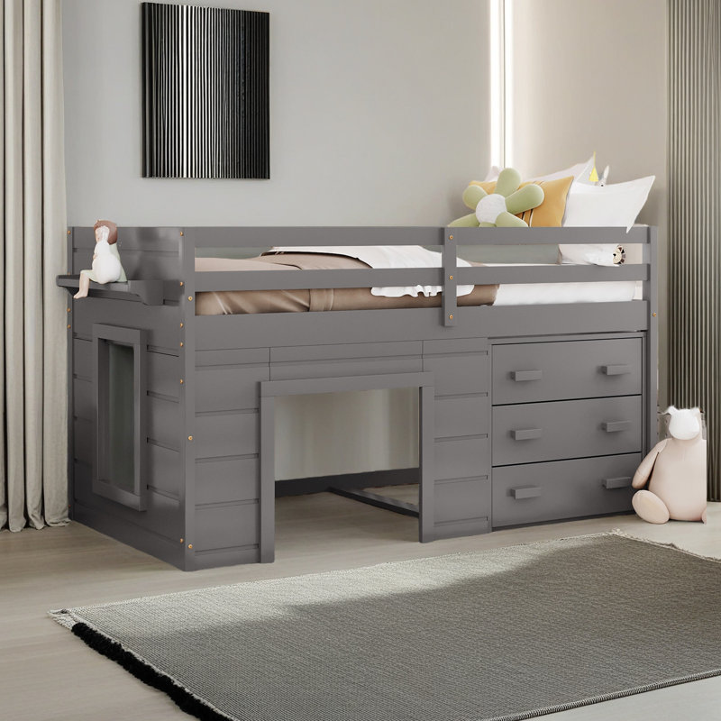 Lit mezzanine simple avec armoire et tablette, Gris