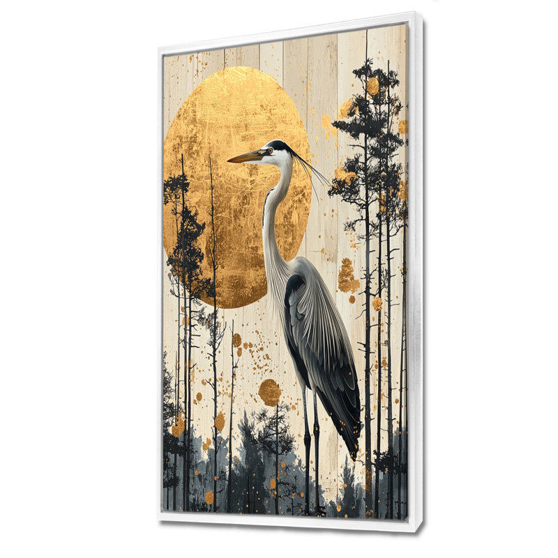 Azérie lever de soleil héron à l'encre de Chine dorée paysage I - héron, art mural, H 60 po x l 28 po, Blanc