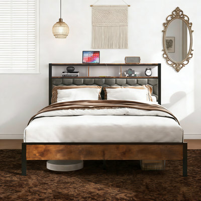 bed, wooden platform bed frame, bedside with soft packaging and 2 USBs, no noise, no need for spring mattresses and simple assembly tools, large storage space under the bed