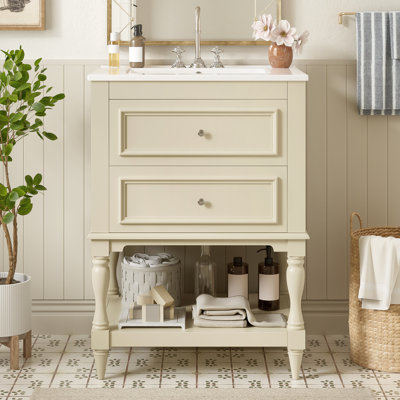 Meuble-lavabo rétro avec lavabo en céramique et tablette ouverte, idéal pour les espaces compacts et les solutions de rangement élégantes.