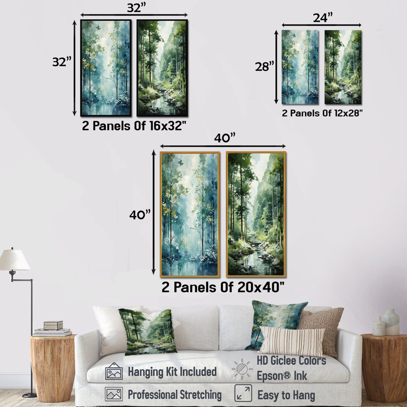 Tranquil Shadows Green Forest - ensemble de 2 impressions sur toile forêt, H 40 po x l 41 po, Toile tendue