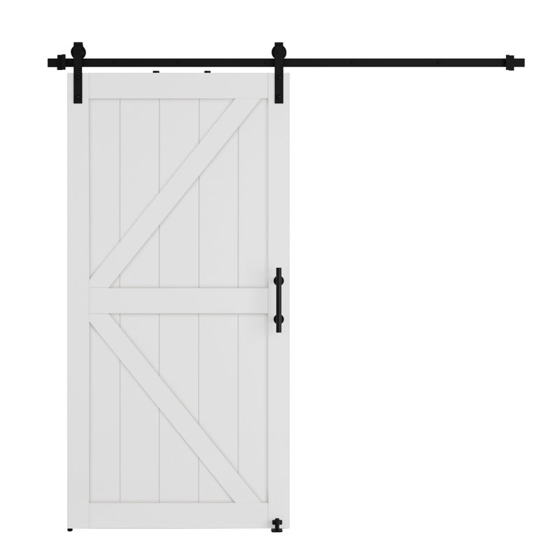Porte de grange en forme de K en L 34 po x l 84 po en MDF blanc avec quincaillerie complète (comprend l'ensemble de glissières et la poignée de porte)