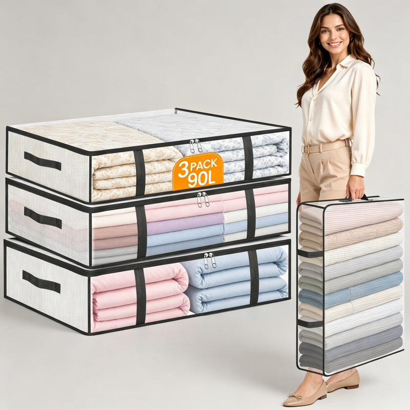 3pk 90L Clear Under Bed Storage Bins