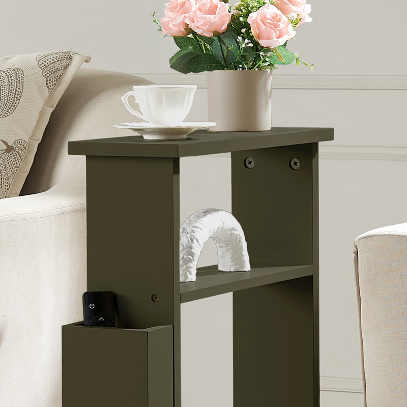 Narrow Side Table with Storage Shelf, Slim End Table with Magazine & Remote Holder, Small Space Bedside Table for Living Room or Bedroom