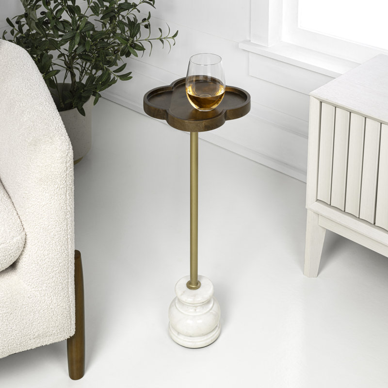 Colby 24.5" Transitional Quatrefoil Mango Wood Top Drink Table - Gold Iron Pedestal & White Marble Base Martini Accent End Table