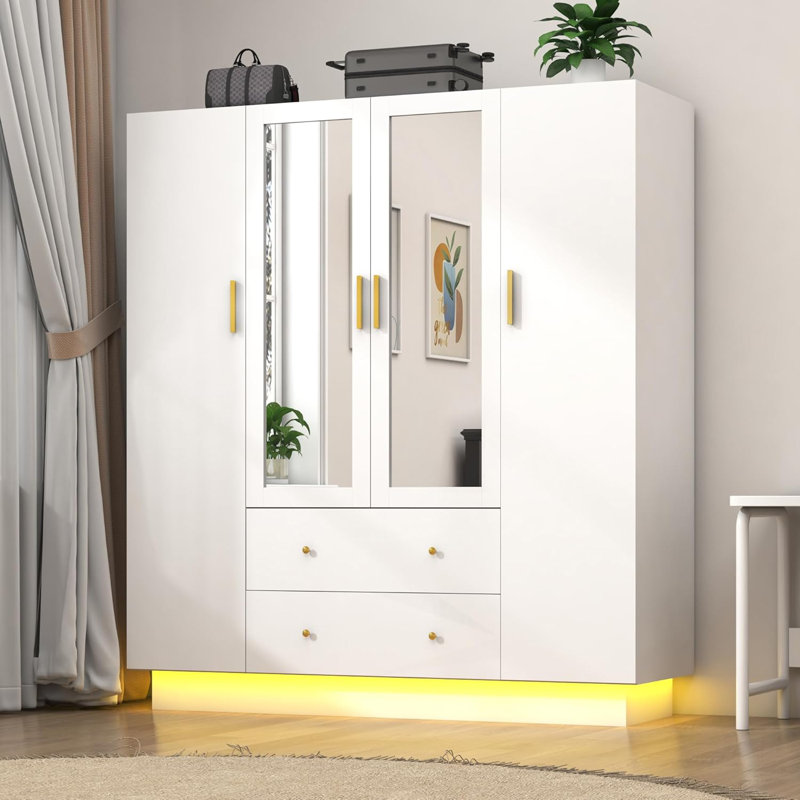 White 4-Door Wooden Wardrobe Closet with Mirrors and LED Lights