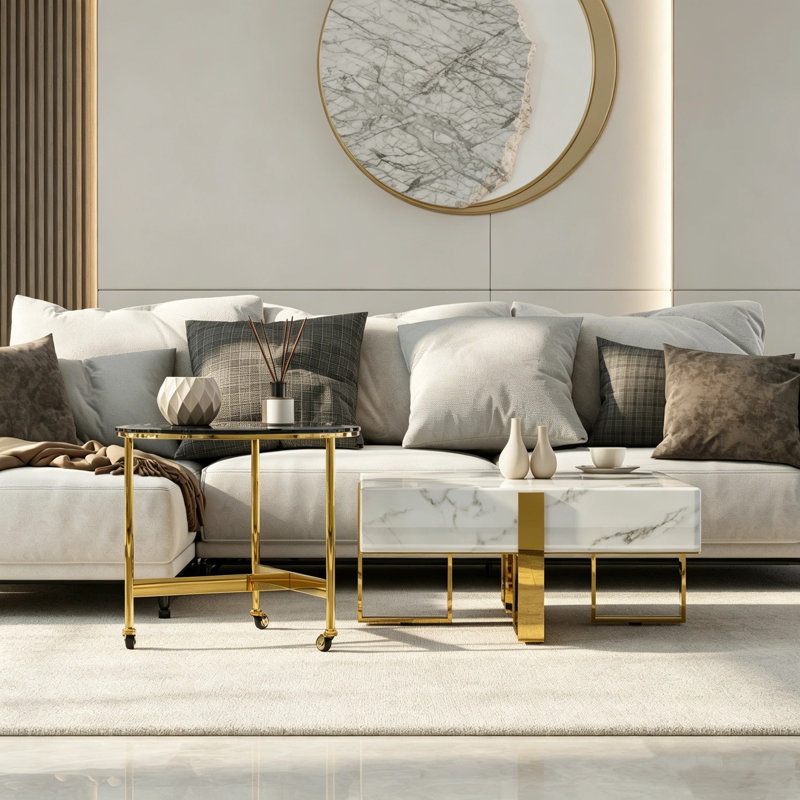 Ensemble de tables basses Luxury Gold Nesting, ensemble de tables basses en faux marbre blanc