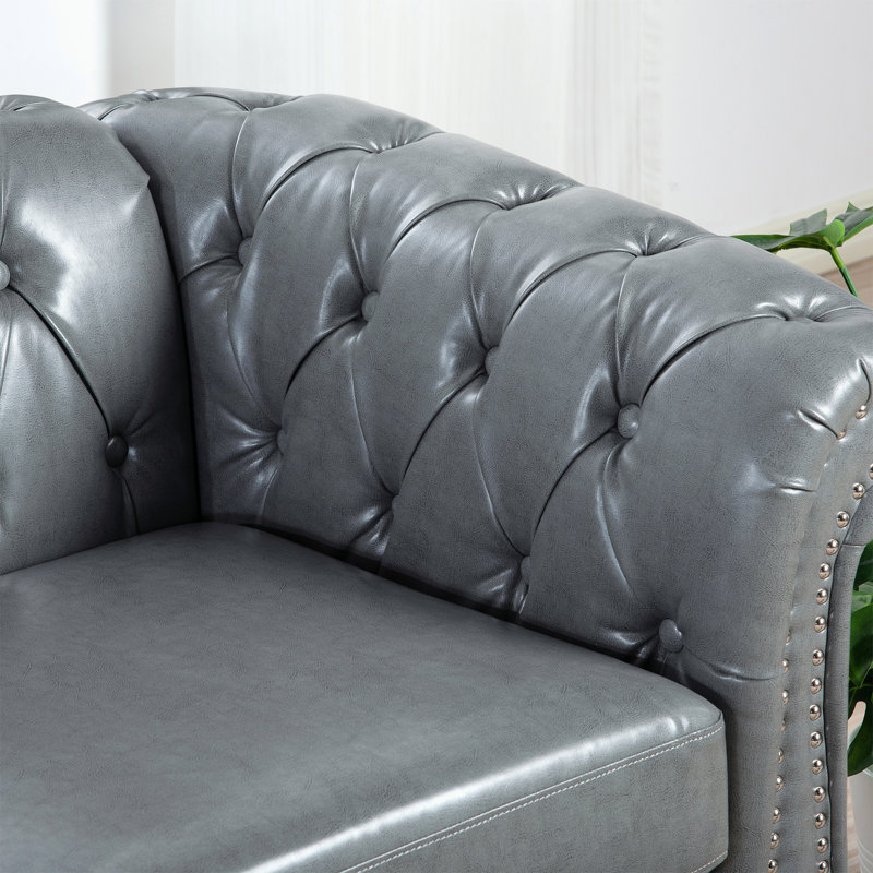 Arlen 84.65'' Faux Leather Rolled Arm Sofa,Nailheads,couch, Gray Faux Leather