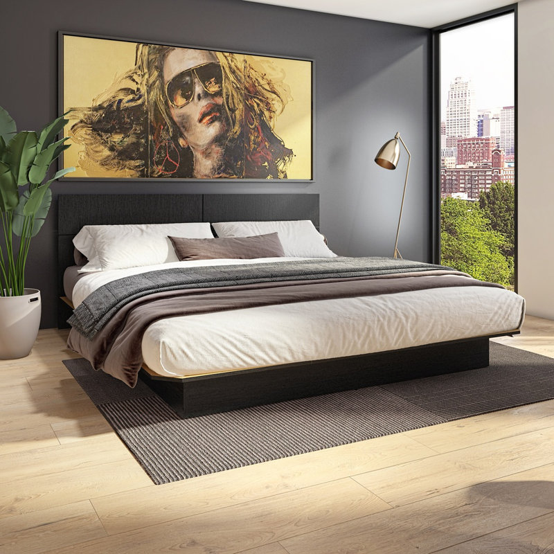  ZEN ALPHA - Lit plateforme avec tête de lit - Assemblage facile, aucun sommier requis, Très grand lit, Black