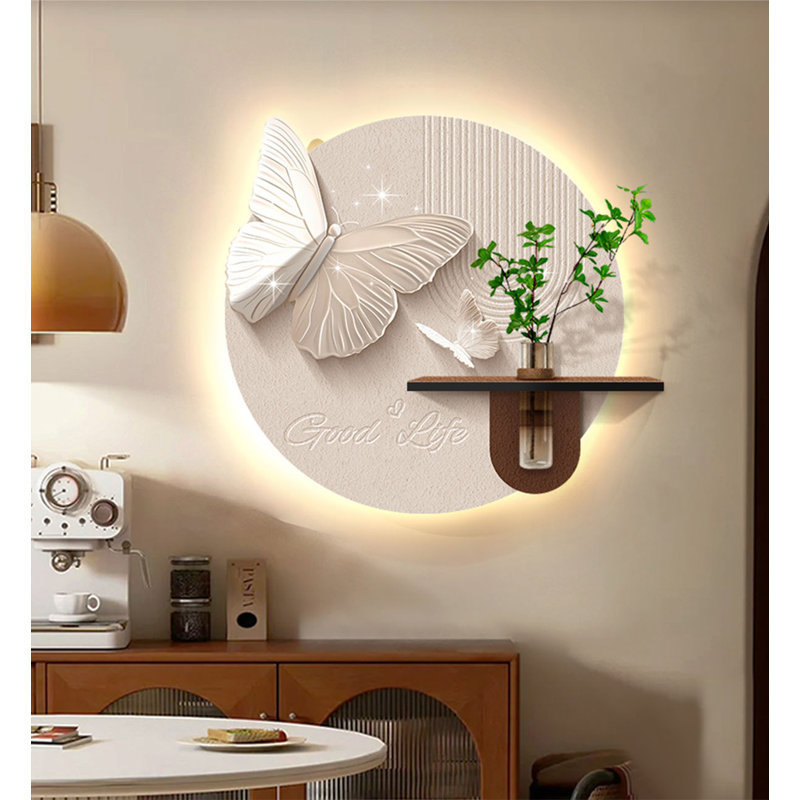 Décoration murale moderne ronde à DEL avec décor de plante artificielle, H 31,5 po x l 29,13 po x P 0,79 po