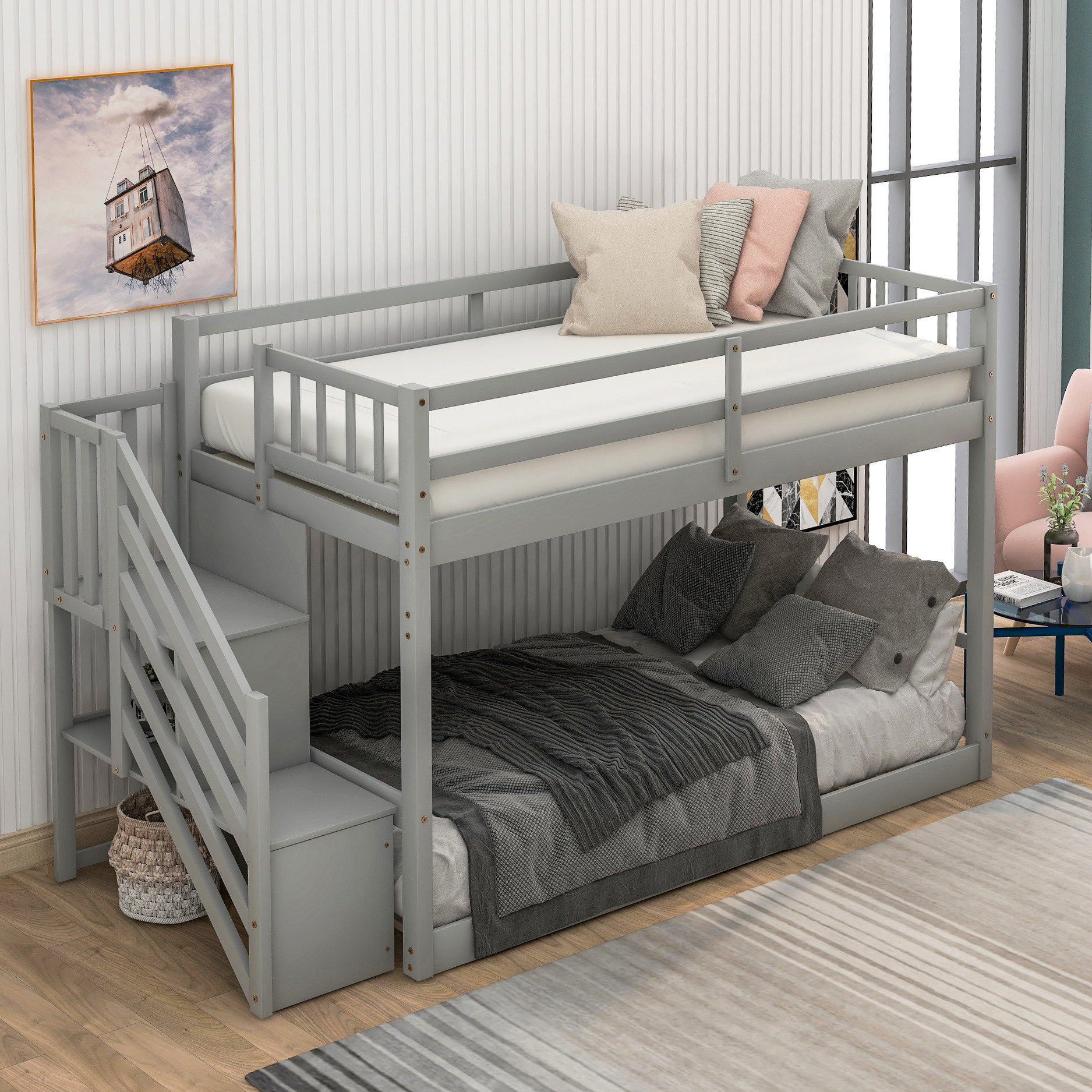 Latitude Run® Twin Over Bunk Bed With Storage, Grey - & Functional ...