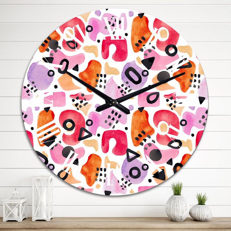 Horloge murale moderne avec formes organiques rétro mauve et rouge III, Moyen
