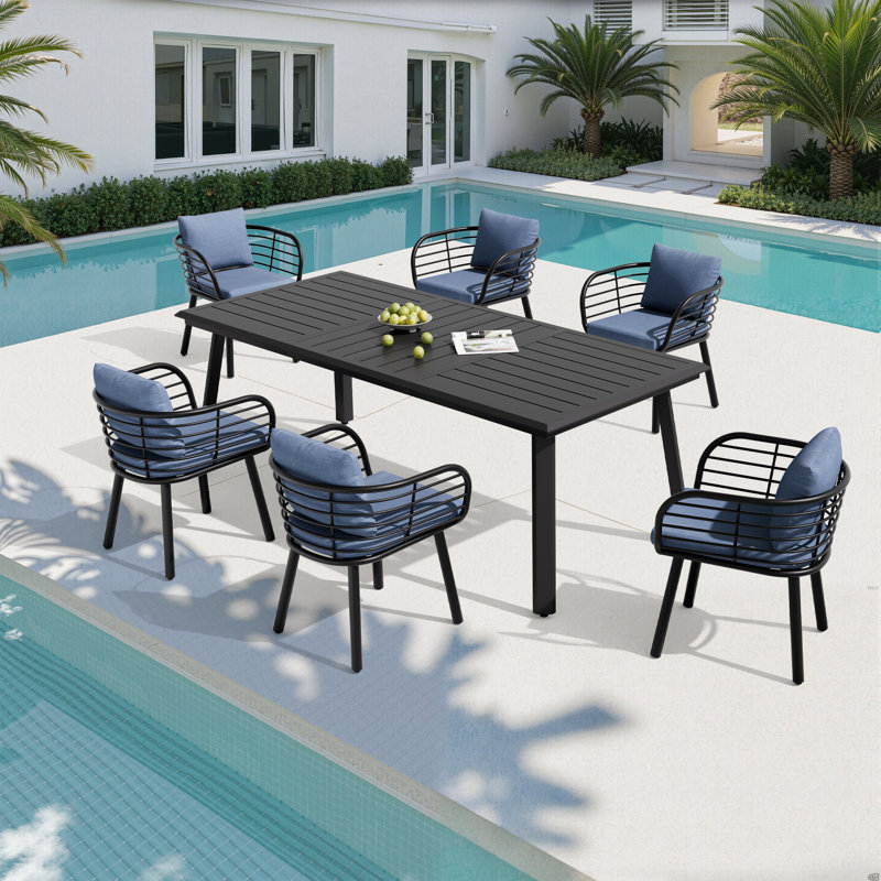 6 - Person Aluminum Dining Set With Sunbrella Cushions (Set of 7), Blue