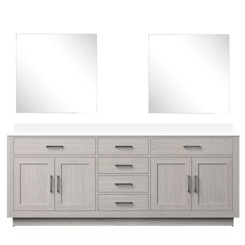 84 po L x P 22 po. Meuble-lavabo double en chêne blanc avec comptoir en marbre de culture et 34 miroirs, fermeture en douceur, panneaux de cadre en bois massif de chêne, comptoir