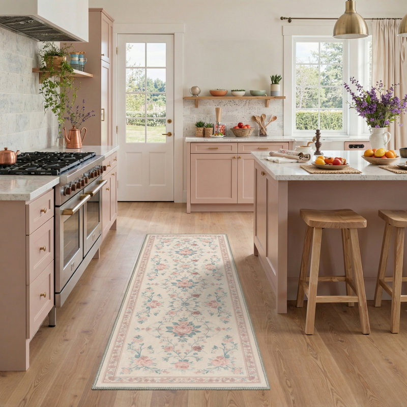 Allsop Verdant Floral Machine Washable Pink / Beige / Green Indoor Area Rug with Non-Slip Backing, Runner 2' x 6'