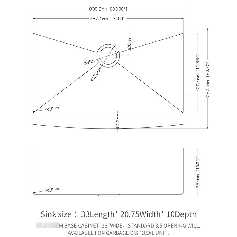 Évier de cuisine 33 po en nickel brossé 33 po - Acier inoxydable de calibre 16 avec revêtement de condensation et tablier de lavabo profond