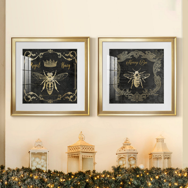 Royal Honey Bee I - ensemble de 2 reproductions d'art graphique, H 17,5 po x l 35 po x P 1,5 po, Papier encadré doré, Blanc