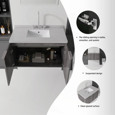 24 Inch Floating Bathroom Vanity with Sink, Soft-Close Door, 2-IN Carrara Cultured Marble Countertop Top & Backsplash,Plywood