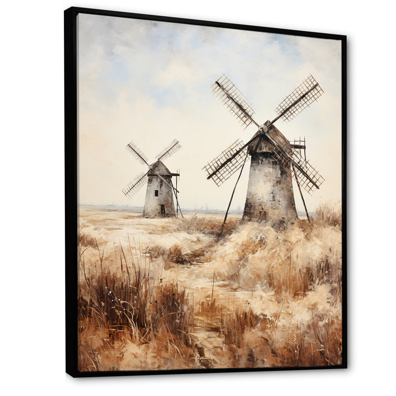 «Vintage Windmill Sepia View II - Wind Turbines», art mural, Cadre flottant noir, 20" H x 12" W