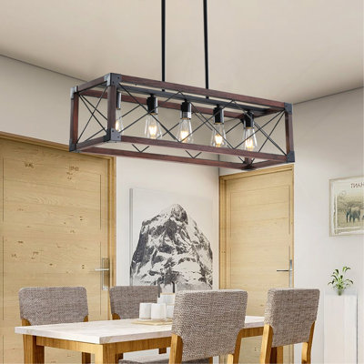 Luminaire suspendu de style campagnard industriel en bois rouge 32 po, lustre 5 lumières pour salle à manger, îlot de cuisine, décor de café