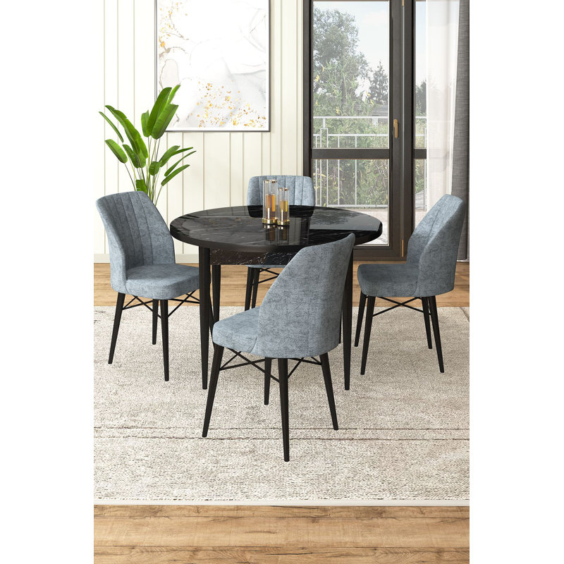 Ensemble de table et chaises de salle à manger moderne 5 pièces, marbre noir et gris | Table 35,4 po x 29,5 po x 35,4 po, chaises: 17,7 po x 36,6 po x 16,5 po | Panneau de particules 100% mélamine, pieds en bois et structure en métal | Conception élégante pour un repas élégant