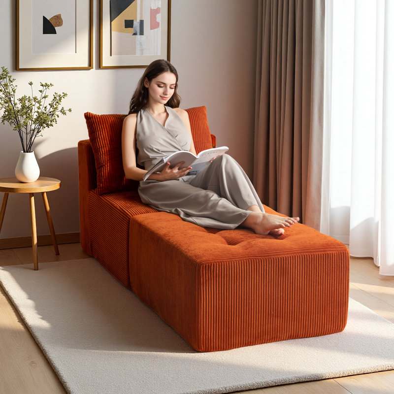 Canapé modulaire avec méridienne, Velours côtelé orange