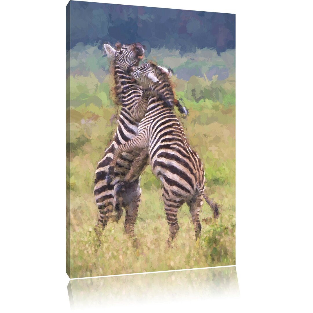 Leinwandbild Kämpfende Zebras in Gelb/Grün