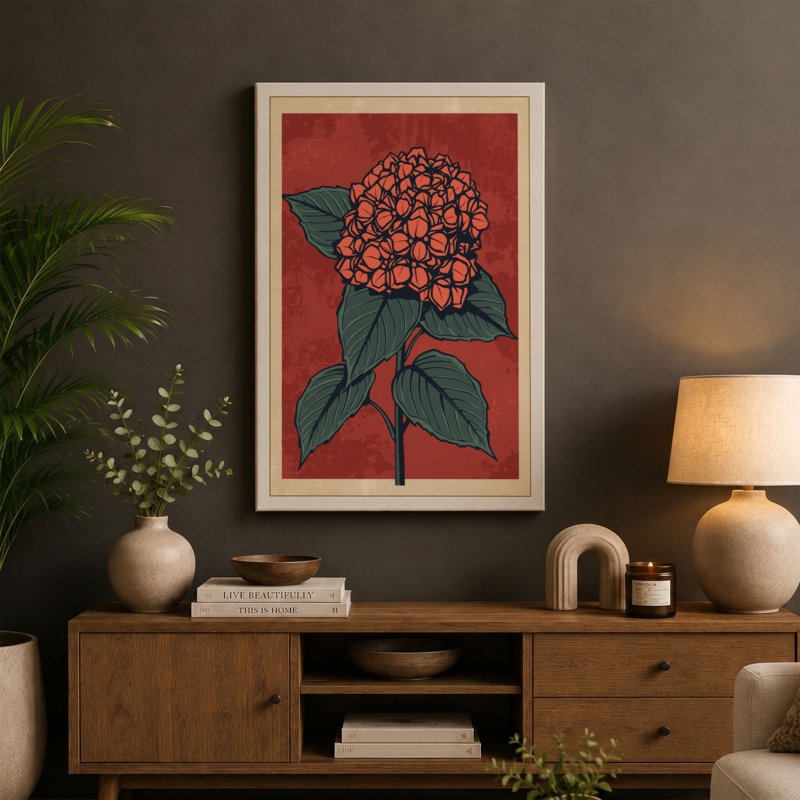 Hydrangea Woodblock Botanical - Wrapped Canvas, 30x20 - 76.2 x 50.8 cm, Ochre Border