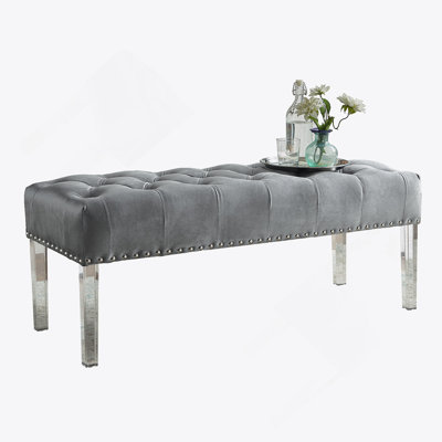 Button Tufted Velvet Upholstered Bench With Acrylic Leg, Gray