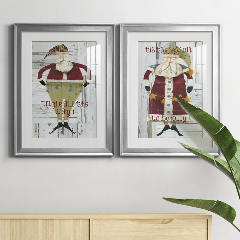 Jingle Santa - ensemble de 2 reproductions, Blanc, H 22,5 po x l 61 po x P 1,5 po, Papier avec cadre argenté