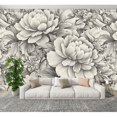 Papier peint pelez et collez, pivoines monochromes, feuilles détaillées, botaniques murales rétro, H 100 po x l 144 po, papier peint amovible en PVC, adhésif mural pour chambre à coucher, bureau à domicile