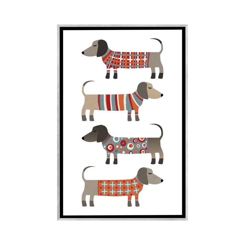 «Sausage Dogs in Pulls» par Nic Squirrell - impression, H 48 po x l 32 po x P 1,5 po, Toile avec cadre argenté, Pas de tapis