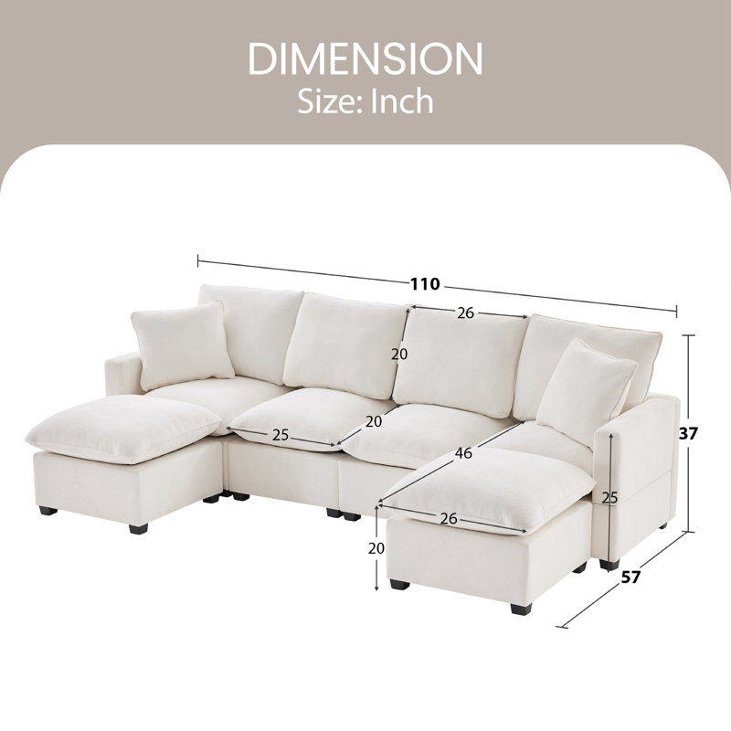 Canapé modulaire rembourré 6 pièces Avior, Chenille blanche