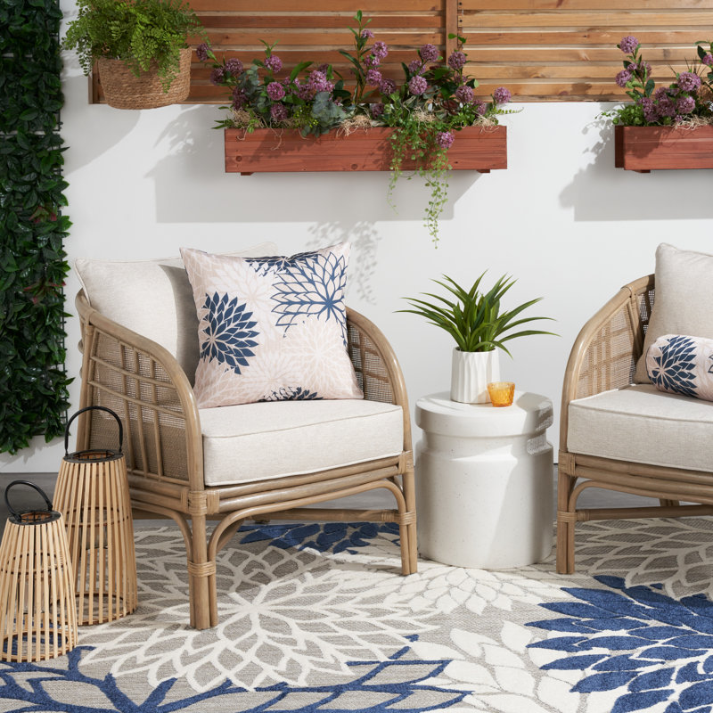 Ivory and Navy Floral Square Outdoor Throw Pillow