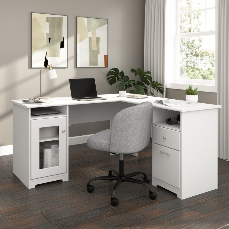 60W L Shaped Computer Desk with Storage in White, White
