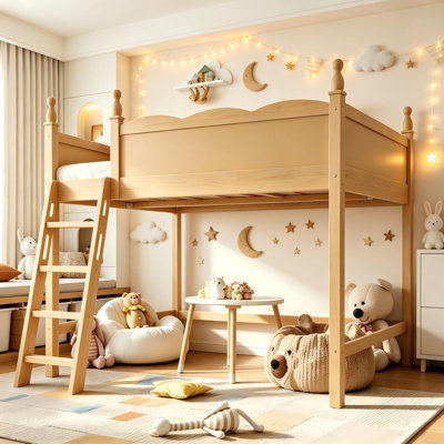 Lit mezzanine en bois massif pleine grandeur avec barrières de sécurité sur toute la longueur, cadre de lit mezzanine pour enfants avec échelle et espace sous le lit, lit cabane en bois de pin pour chambre d'adolescent, naturel.