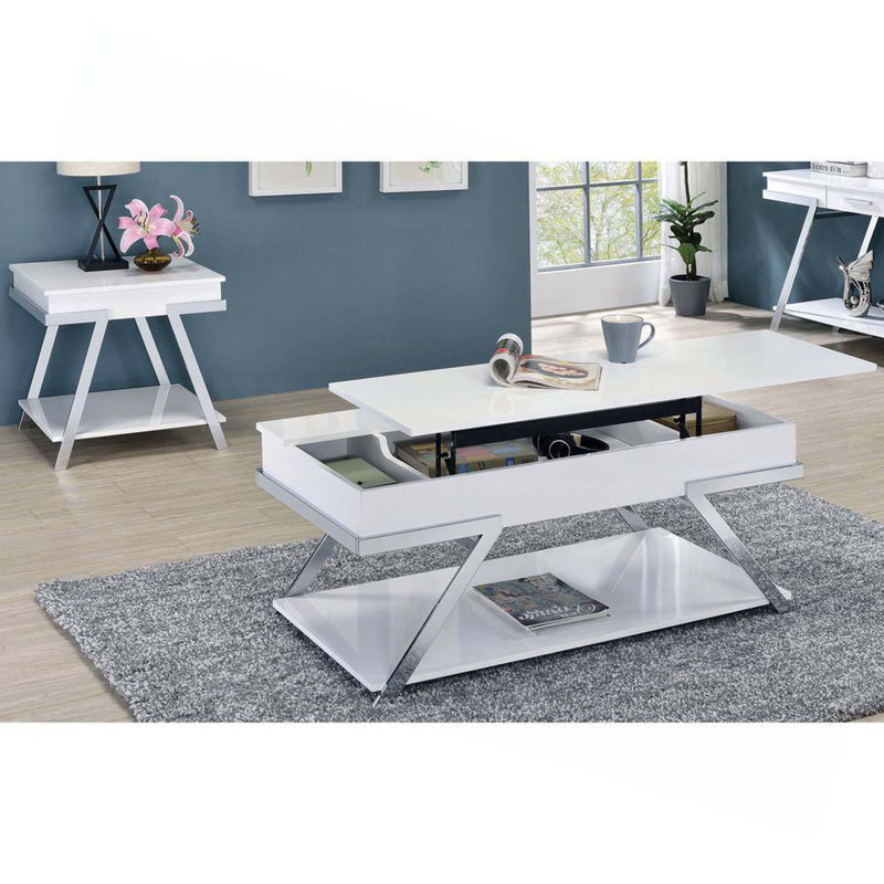 Table basse de style contemporain avec plateau relevable et finition chromée ultrabrillante