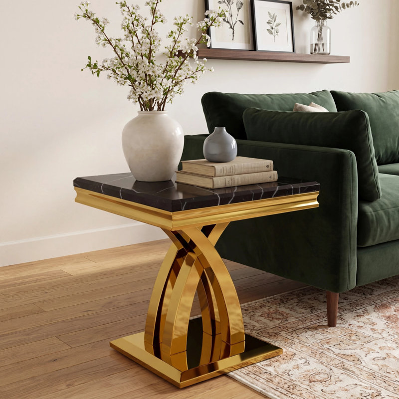 Table de bout noire et dorée avec base polie en forme de X